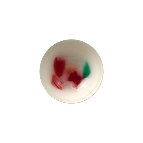 White plastic button with multicolor confetti specks and a domed shape in size 11.4mm/18L.