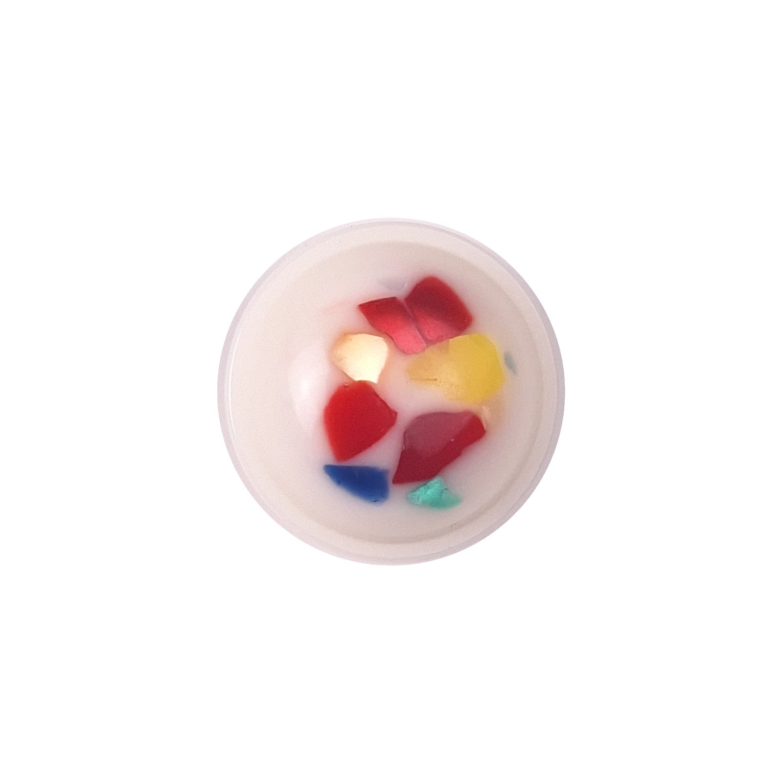 White plastic button with multicolor confetti specks and a domed shape in size 13mm/20L.