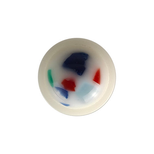 White plastic button with multicolor confetti specks and a domed shape in size 13mm/20L.