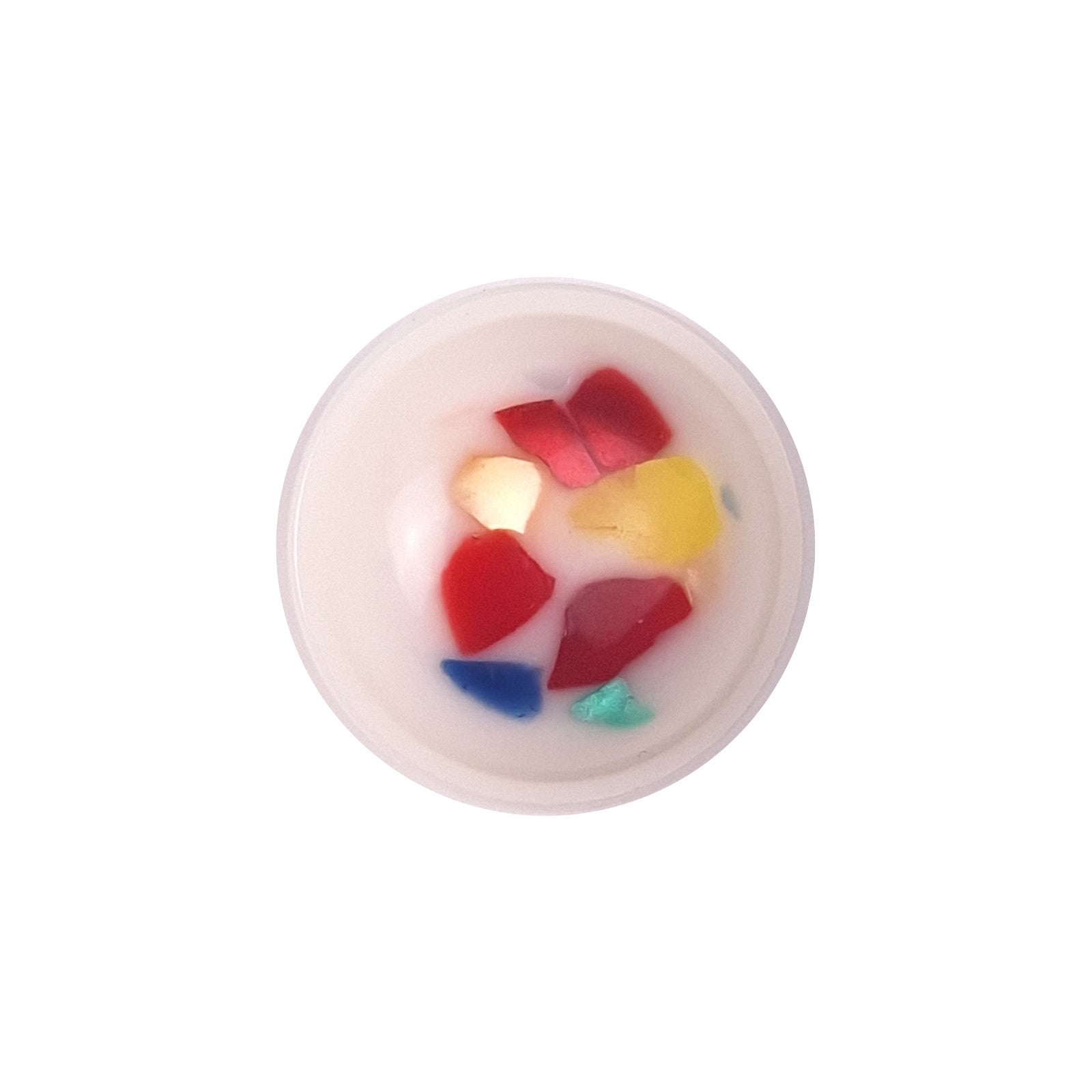 White plastic button with multicolor confetti specks and a domed shape in size 13mm/20L.