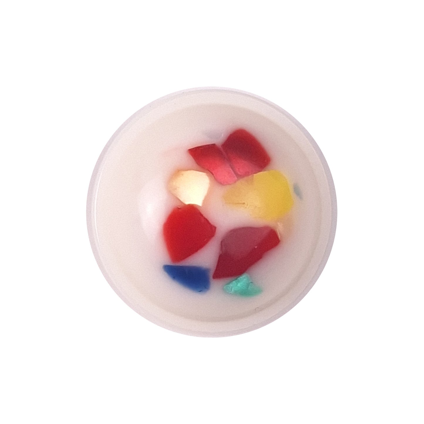 White plastic button with multicolor confetti specks and a domed shape in size 15mm/24L.