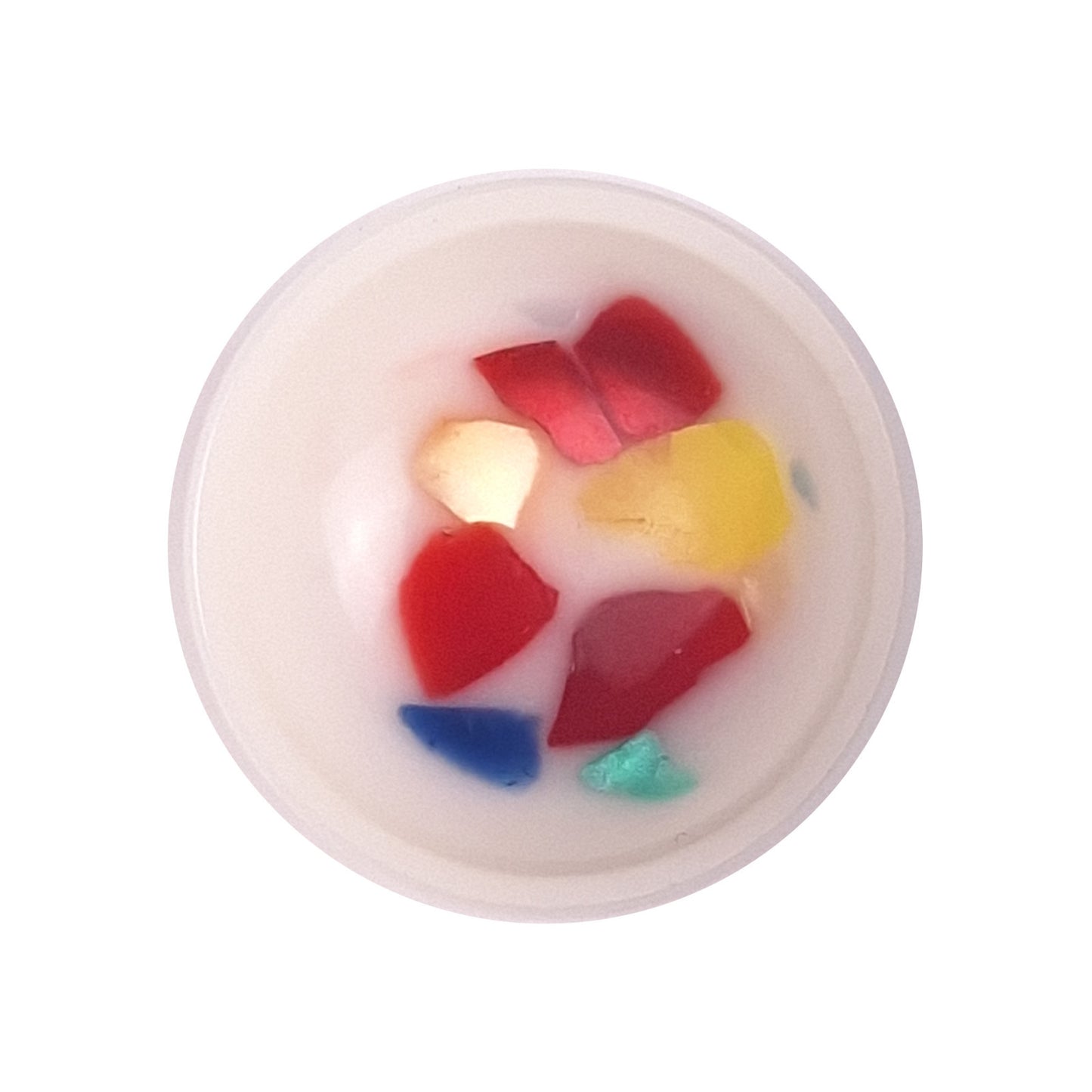White plastic button with multicolor confetti specks and a domed shape in size 18mm/28L.