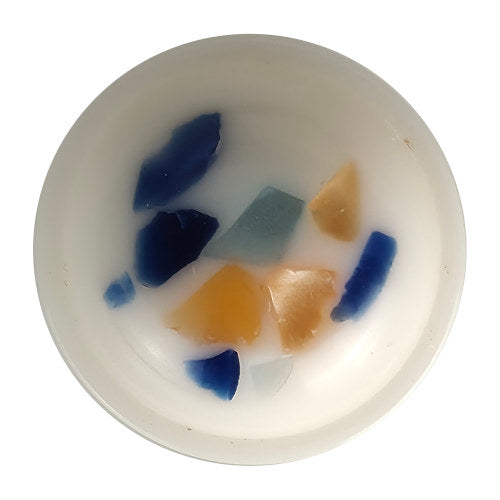 White plastic button with multicolor confetti specks and a domed shape in size 22mm/34L.