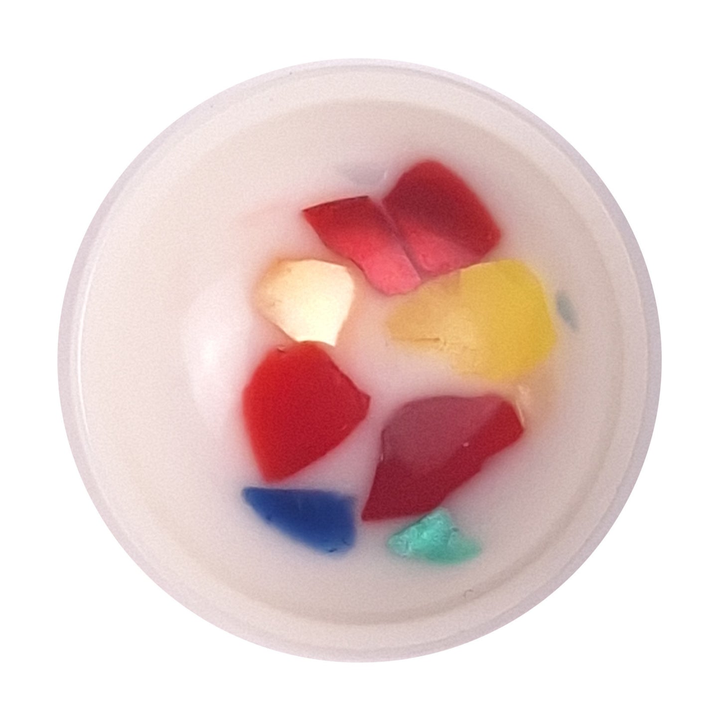 White plastic button with multicolor confetti specks and a domed shape in size 22mm/34L.