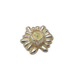 Silver metalized plastic flat back, tiny flower design, 8×9mm, vintage Japanese 1950s.
