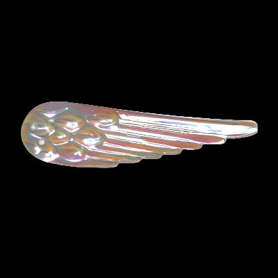 Vintage French crystal clear plastic wing-shaped sequin with aurora borealis finish, textured molded surface, sew-on construction, 45×13.5mm, 1950s.