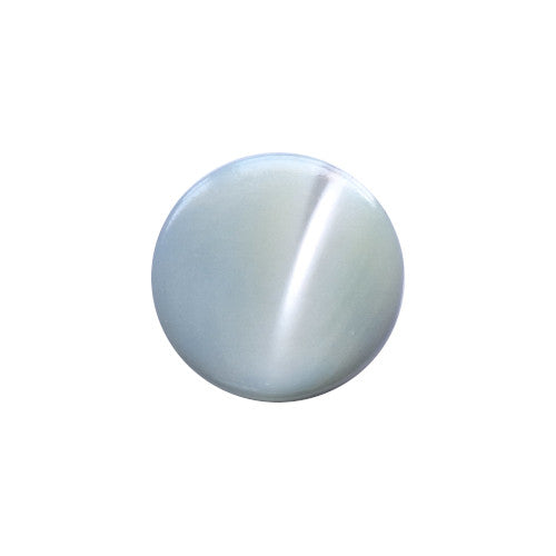 Front view of aqua dyed Troca shell button with natural nacre reflection and a self-shank attachment, 11.4mm.