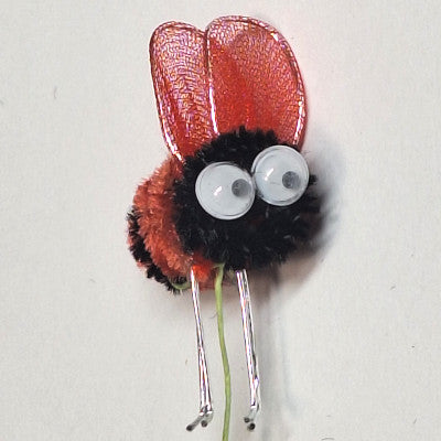 Red and black chenille bee on wire with nylon wings and wiggly eyes, 11×21 mm.