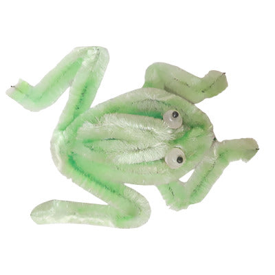 Green chenille frog novelty with googly eyes and adjustable wire limbs, 60×45 mm.