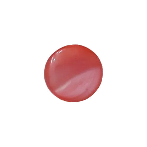 Front view of dyed coral Troca shell button with natural nacre reflection, self-shank, 10mm.