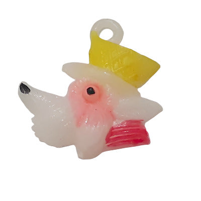 Hand-painted plastic flat back dog with hat, pink detailing, and charm loop, left-facing, 16×17mm.