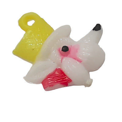 Hand-painted plastic flat back dog with hat, pink detailing, and charm loop, right-facing, 16×17mm.