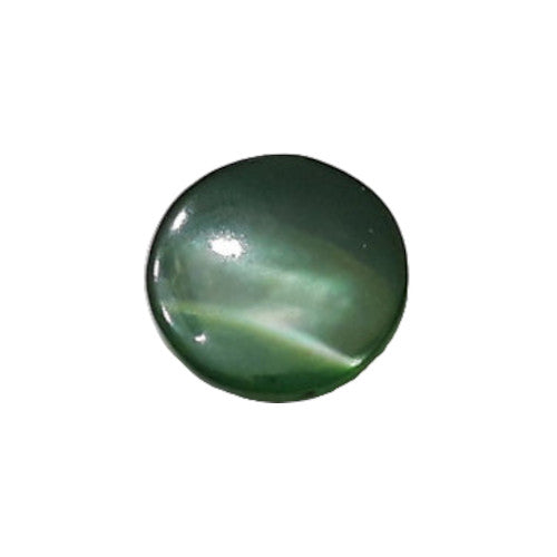 Front view of green dyed Troca shell button with natural nacre reflection and a self-shank attachment, 11.4mm.