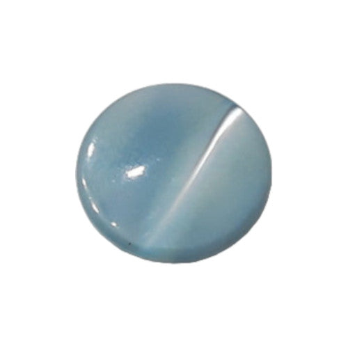 Front view of light blue dyed Troca shell button with natural nacre reflection and a self-shank attachment, 13mm.