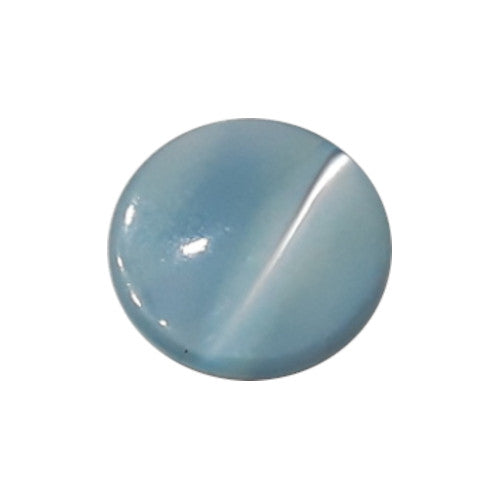 Front view of light blue dyed Troca shell button with natural nacre reflection and a self-shank attachment, 14mm.