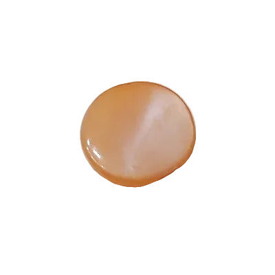 Front view of dyed coral Troca shell button with natural nacre reflection, self-shank, 10mm.