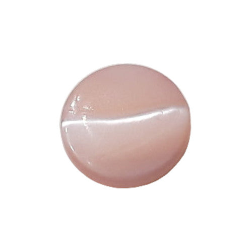 Front view of light pink dyed Troca shell button with natural nacre reflection and a self-shank attachment, 13mm.