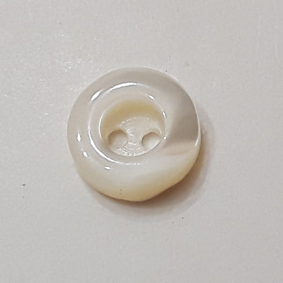 Front view of 10mm troca shell button showing deep ring-cup form and recessed two-hole center.