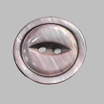 Grey fisheye two-hole troca shell button, 18mm size, showing the concave center and natural shell pattern.
