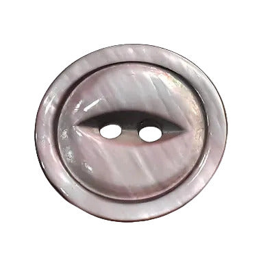 Grey fisheye two-hole troca shell button, 18mm size, showing the concave center and natural shell pattern.
