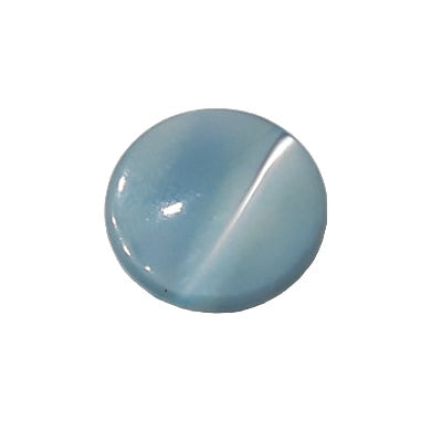 Front view of light blue dyed Troca shell button with natural nacre reflection and a self-shank attachment, 11.4mm.
