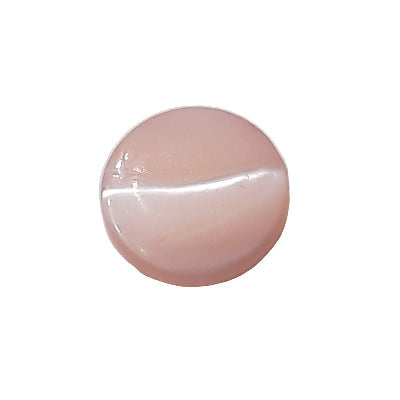 Front view of light pink dyed Troca shell button with natural nacre reflection and a self-shank attachment, 11.4mm.