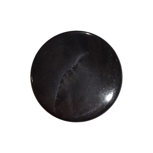 Front view of smoke grey Troca shell button with natural nacre reflection, self-shank, 15mm.