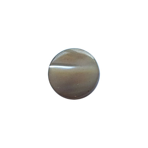 Front view of tan dyed Troca shell button with natural nacre reflection and a self-shank attachment, 9mm.