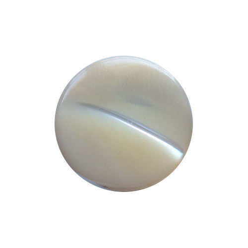Front view of tan dyed Troca shell button with natural nacre reflection and a self-shank attachment, 14mm.