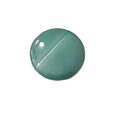 Front view of teal dyed Troca shell button with natural nacre reflection and a self-shank attachment, 11.4mm.