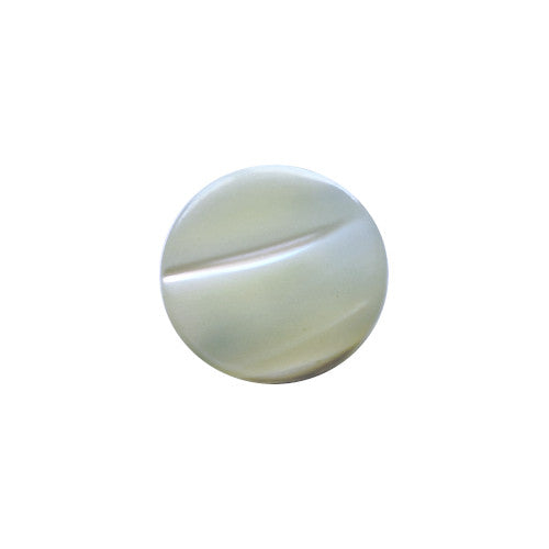 Front view of dyed pale blue Troca shell button with natural nacre reflection, self-shank, 10mm.